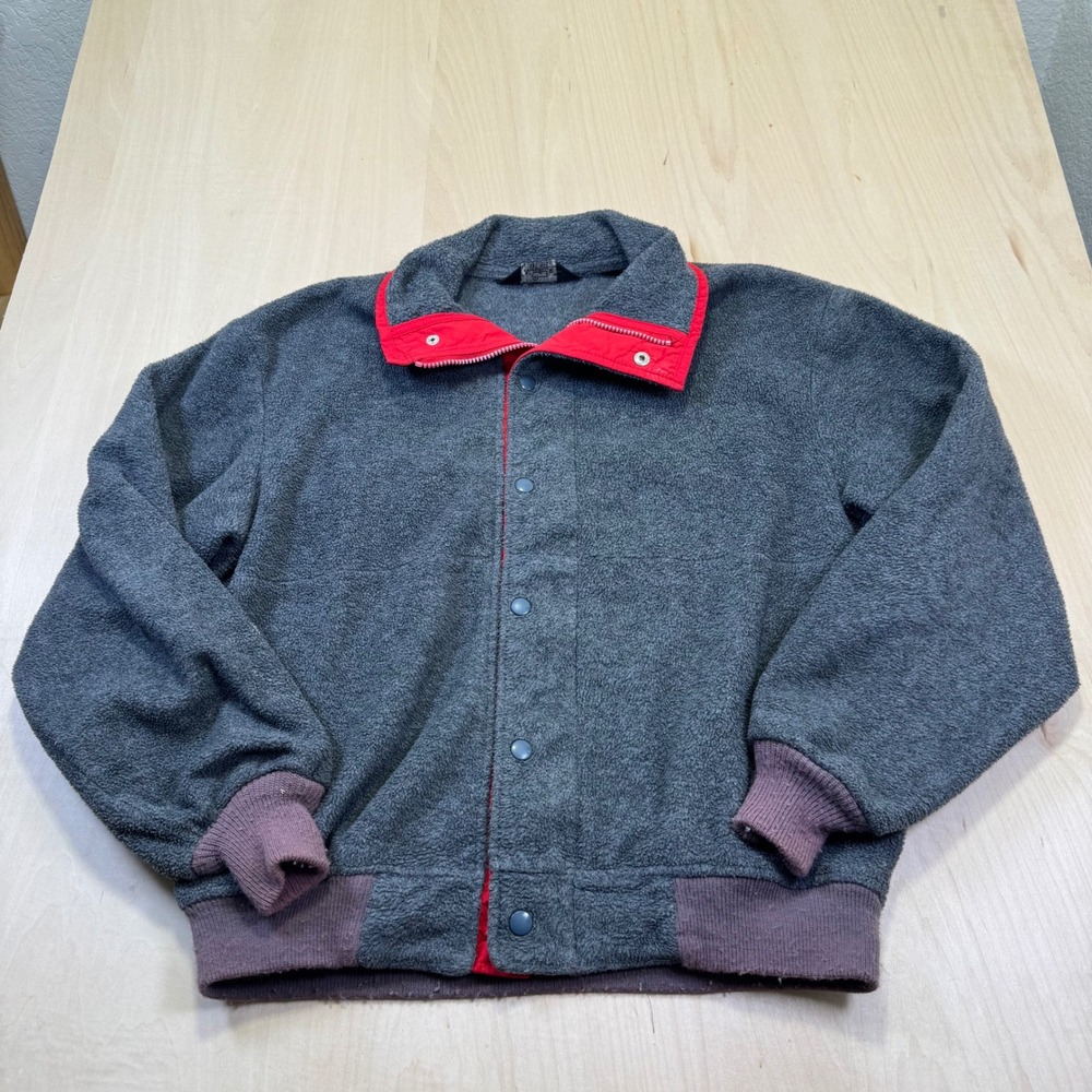 Woolrich Fleece Jacket Gray Full Snap Front Red Collar Women's M Made in USA